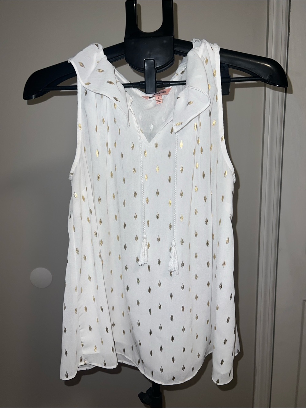 Juicy Couture White Sleeveless Tassel Tie Camisole with Gold Foil Dot Detail